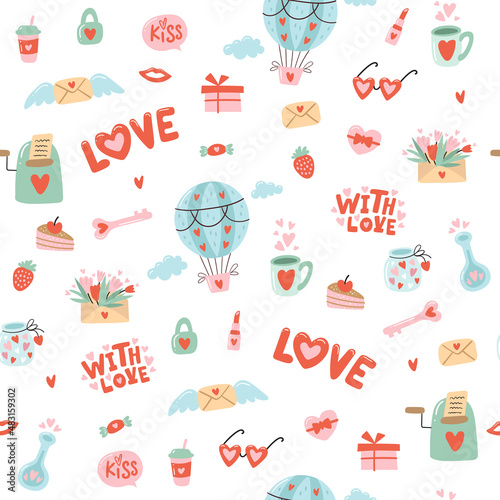 Seamless pattern for Valentine's Day with heart and other elements on a white background. Valentine's day, wedding and love concept. Vector illustrations