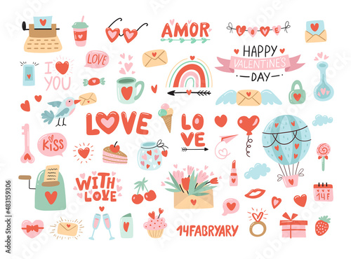 Valentine s Day set with heart and other elements on a white background. Valentine s day  wedding and love concept. Vector illustrations