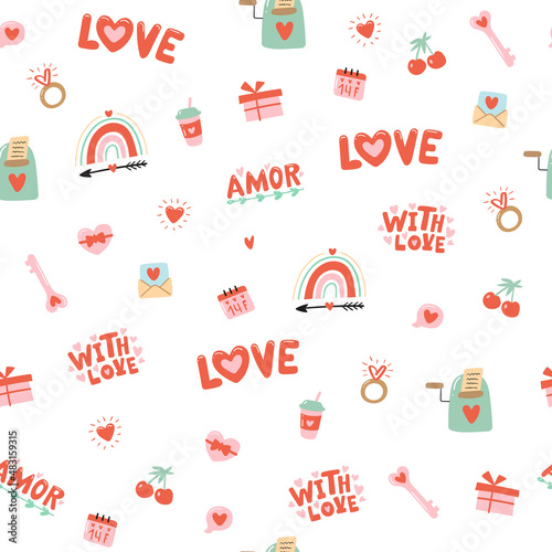 Seamless pattern for Valentine's Day with heart and other elements on a white background. Valentine's day, wedding and love concept. Vector illustrations