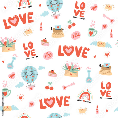 Seamless pattern for Valentine's Day with heart and other elements on a white background. Valentine's day, wedding and love concept. Vector illustrations