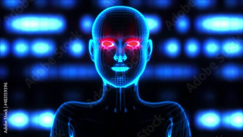 artificial intelligence in the form of a digital wireframe head (3d rendering)