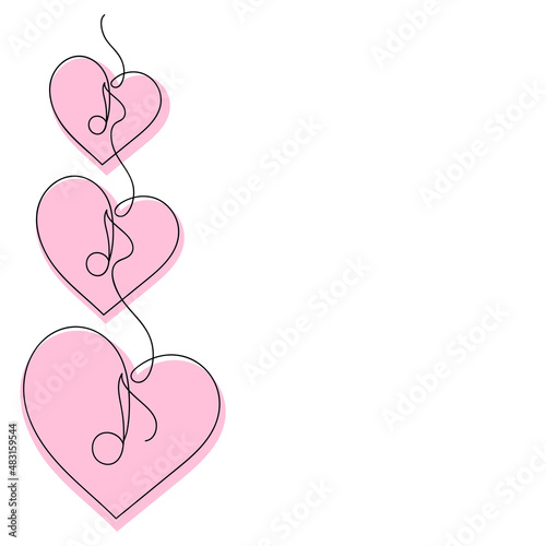 Continuous line drawing. Hearts and musical notes. Hand-drawn vector illustration. Decorative design for greeting card.