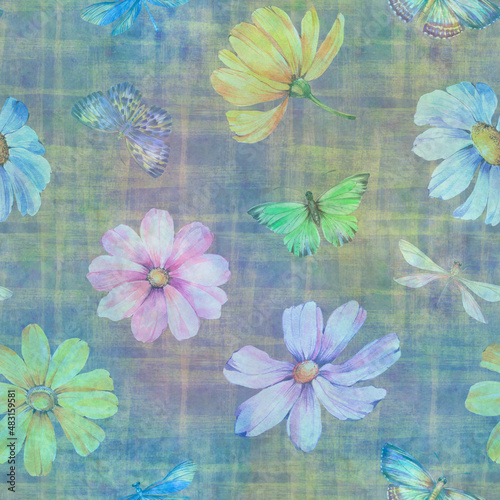 Floral, botanical seamless pattern. Watercolor ornament of flowers, butterflies and dragonflies on an abstract background.