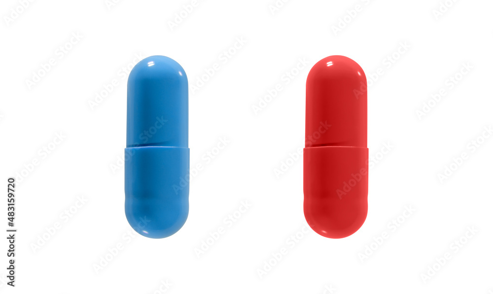 Close up of Red and Blue pills isolated on white background. Clipping path. Close up of Red and Blue pills isolated on white background. Clipping path.