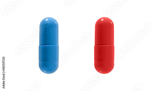 Close up of Red and Blue pills isolated on white background. Clipping path.