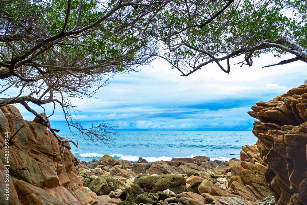 Sea view through the rocky coast and trees. Sea view through the rocky coast and trees.