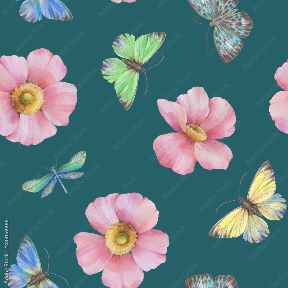 Seamless ornament for wrapping paper, design, print. Abstract Delicate flowers and butterflies are painted with watercolors, digitally processed. Botanical pattern on an abstract background.