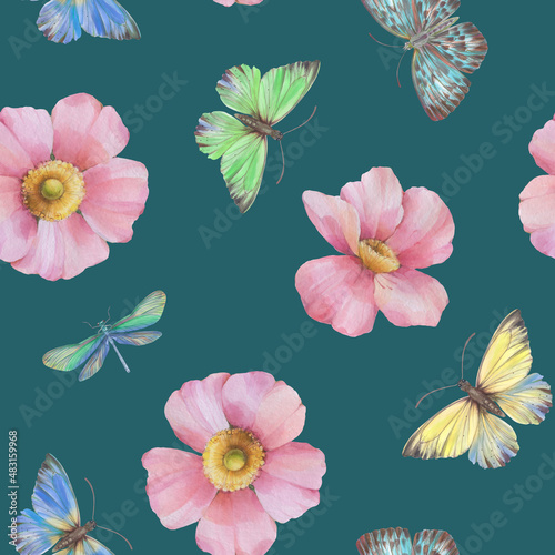 Seamless ornament for wrapping paper  design  print. Abstract Delicate flowers and butterflies are painted with watercolors  digitally processed. Botanical pattern on an abstract background.