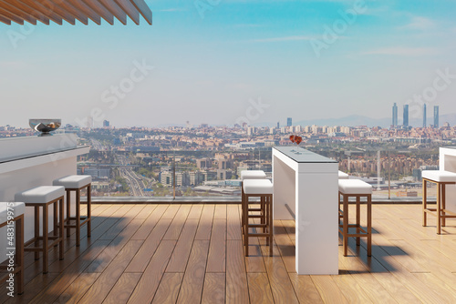 3D illustration of a sunny rooftop bar with city view photo