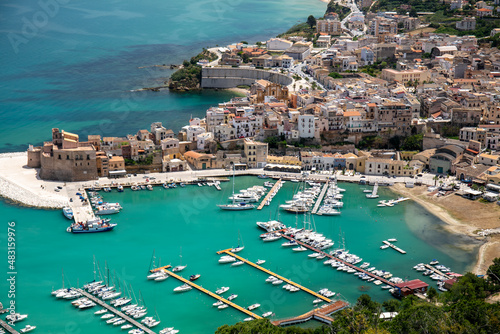 Scenic view from above with the marina and the beaches of Castellammare del Golfo, Trapani province, Sicily