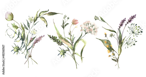 Fototapeta Naklejka Na Ścianę i Meble -  Watercolor Midsummer bouquets collection with hand painted delicate leaves, flowers. Romantic floral arrangements perfect for wedding greeting cards, invitation. High quality illustration