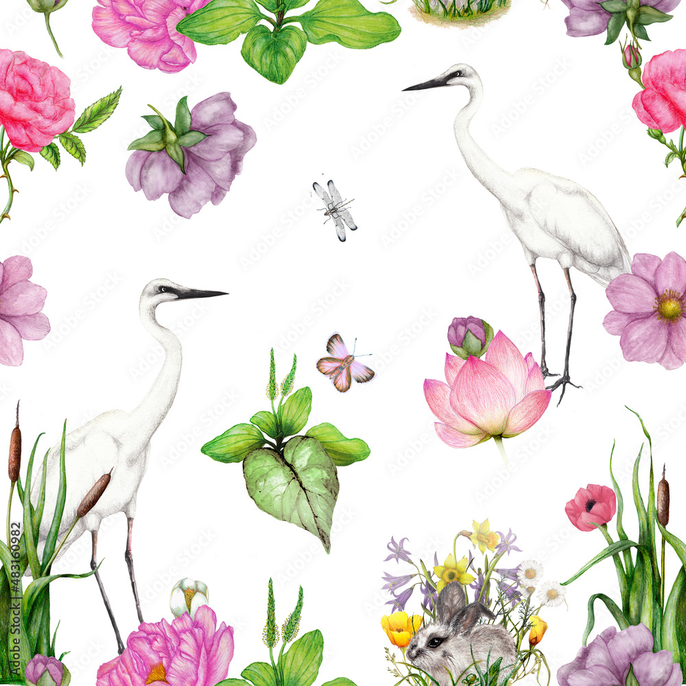 Fototapeta Hand drawn seamless floral pattern with animals
