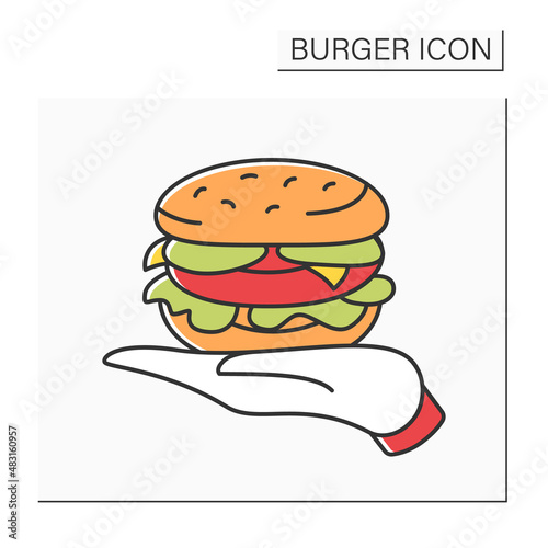 Sandwich color icon. Tasty burger on palm. Burger presentation to visitors. Popular dish. Fast food concept. Isolated vector illustration