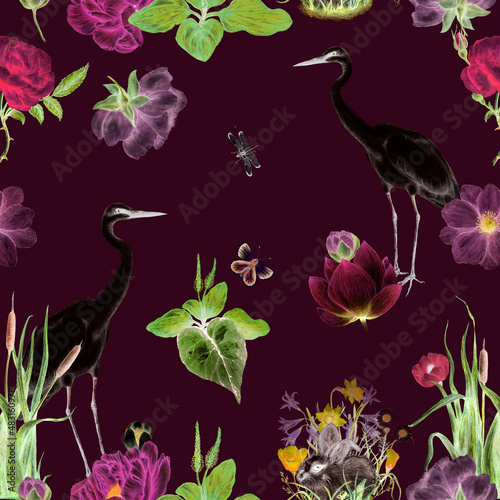 Seamless Neon background with flowers and animals