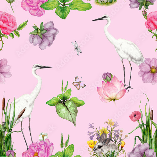 Hand drawn seamless floral pattern with animals