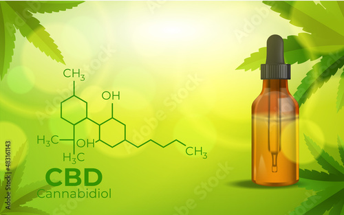CBD Chemical Formula, Growing Marijuana, cannabinoids and health, medical marijuana, CBD elements in Cannabis. Beautiful background of green cannabis flowers A place for copy space