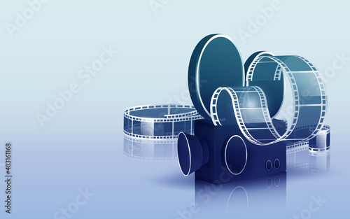 Cinema film strip wave, film reel and clapper board isolated on white background. 3d movie flyer or poster with place for your text. Template design cinematography concept of film industry. Vector EPS