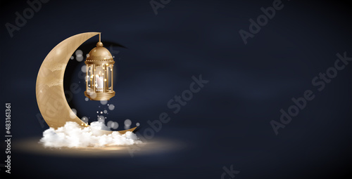 Ramadan vector background. Design arabian gold vintage lantern, golden crescent moon. Arabic calligraphic text of Ramadan Kareem. Greeting card, banner, poster. Traditional Islamic holy holiday