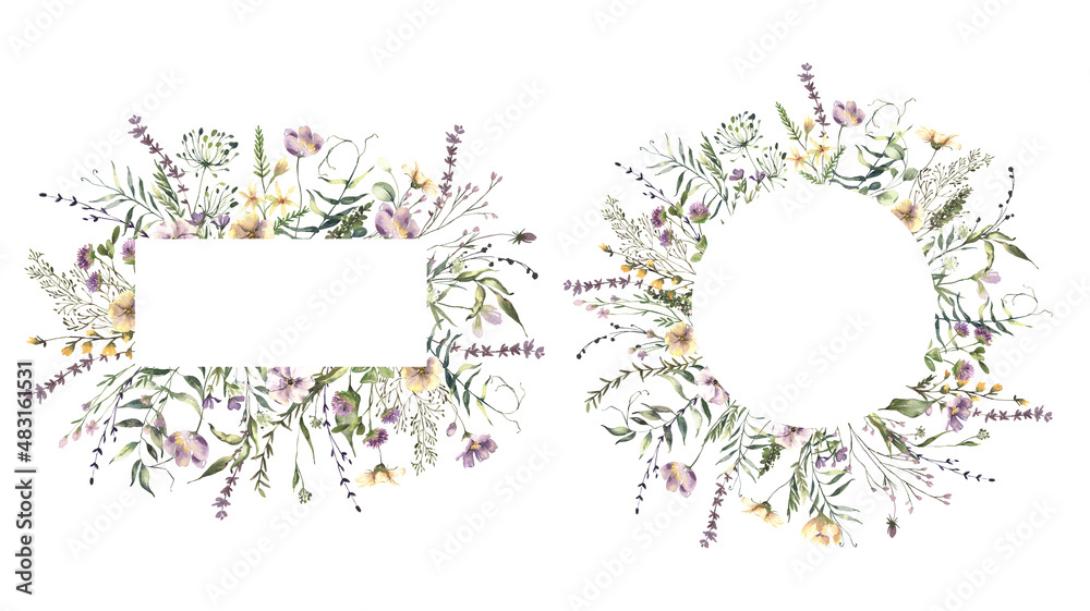 Watercolor Midsummer invitations frames with hand painted delicate leaves, pink flowers. Romantic wild flowers frames perfect for wedding greeting cards, invitation. High quality photo Watercolor Midsummer invitations frames with hand painted delicate leaves, pink flowers. Romantic wild flowers frames perfect for wedding greeting cards, invitation. High quality photo