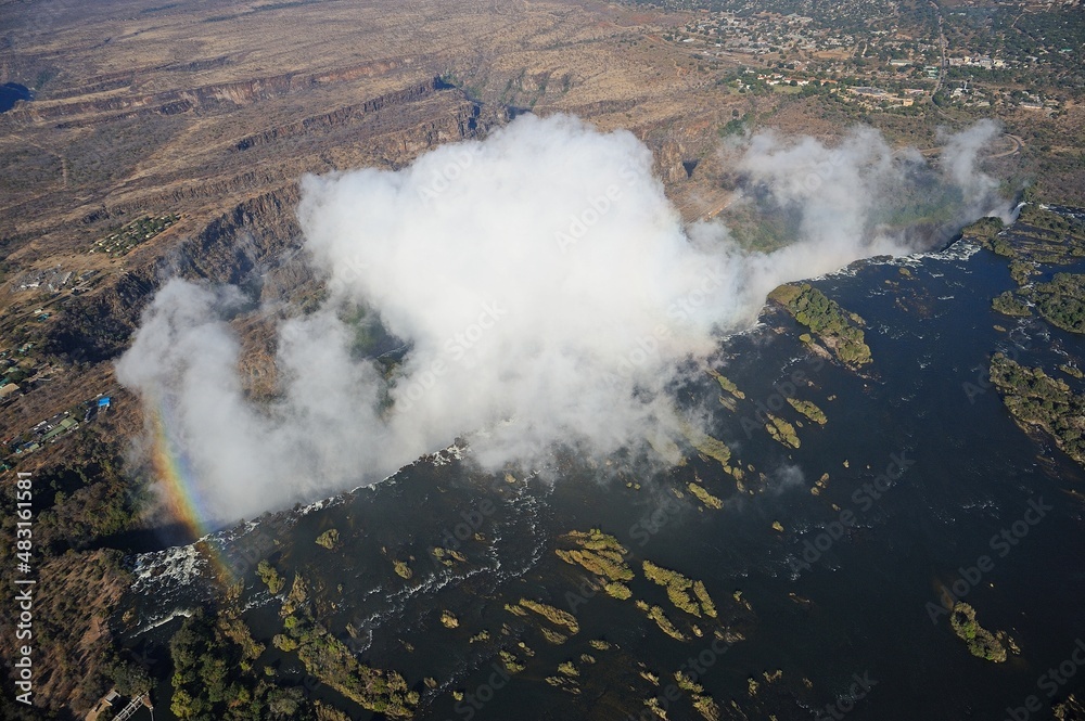 Aerial view of edge of falls, Smoke That Thunders, Victoria Falls, Zimbabwe, Africa.