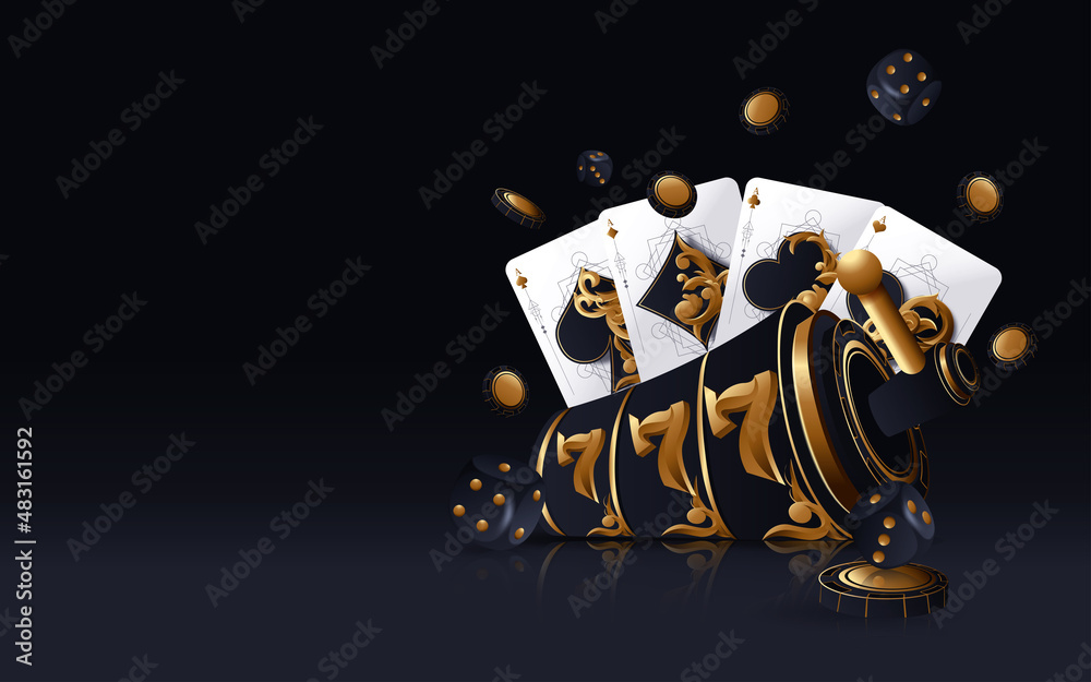 Obraz premium Gold Casino Slot, Poker Cards, Poker Chips And Dices On The Golden Background