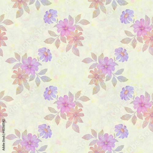 Watercolor flower prints with leaves repeating seamless pattern. Digital hand-drawn picture of flowers with a watercolor texture. endless motif for textile decor  wallpaper  packaging and design