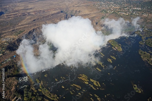 Aerial view of edge of falls, Smoke That Thunders, Victoria Falls, Zimbabwe, Africa.
