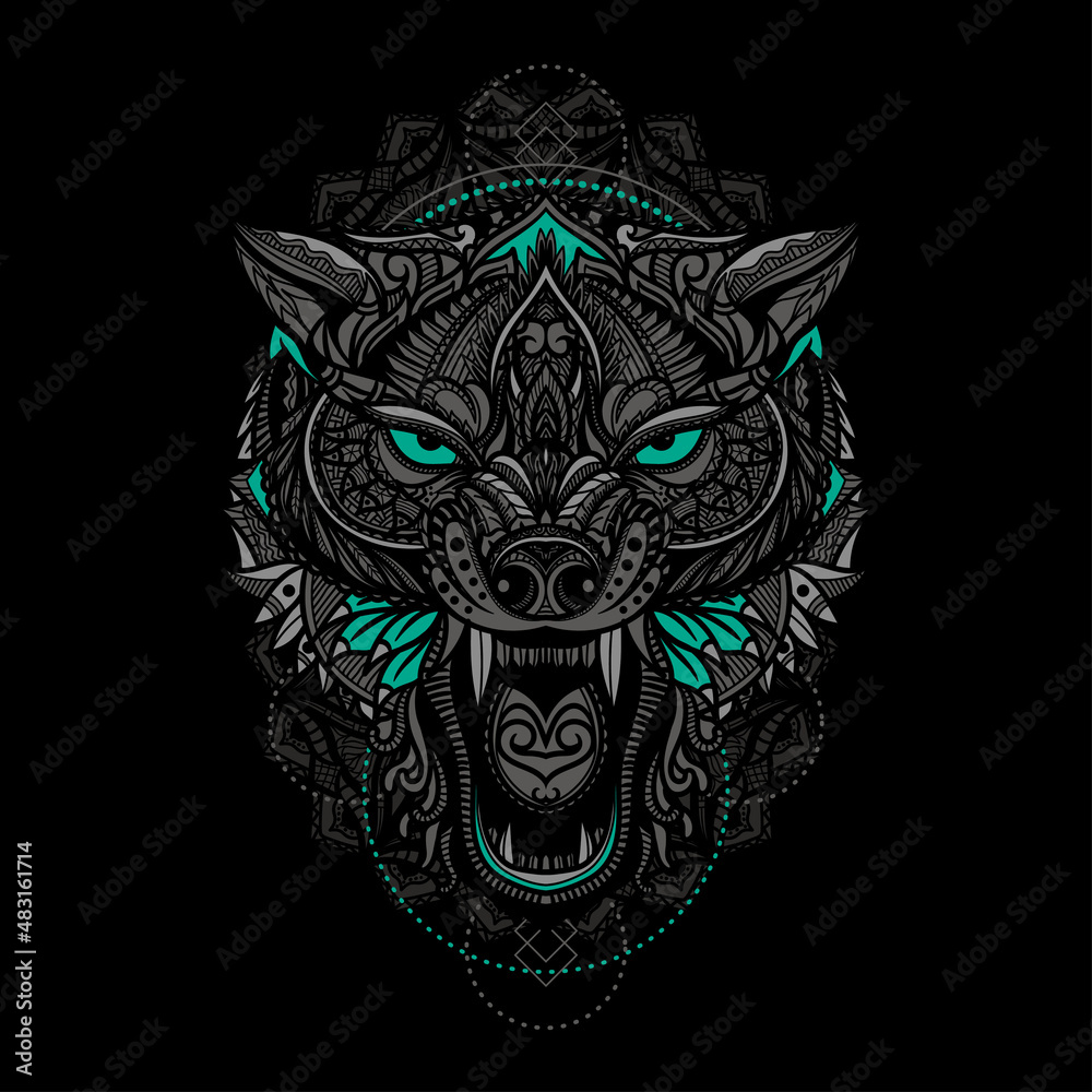 hand drawn ethnic wolf head illustration