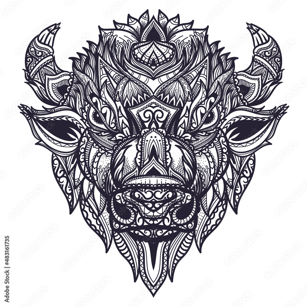 Hand drawn doodle zentangle bison head illustration Hand drawn doodle zentangle bison head illustration