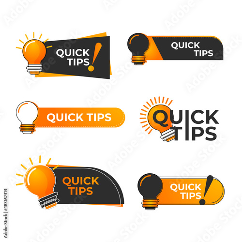 Logo quick tips. Yellow lightbulb icon with quicks tip text. Lamp of advice idea quickly solutions advices trick mark, helpful suggestions vector banner isolated sign set