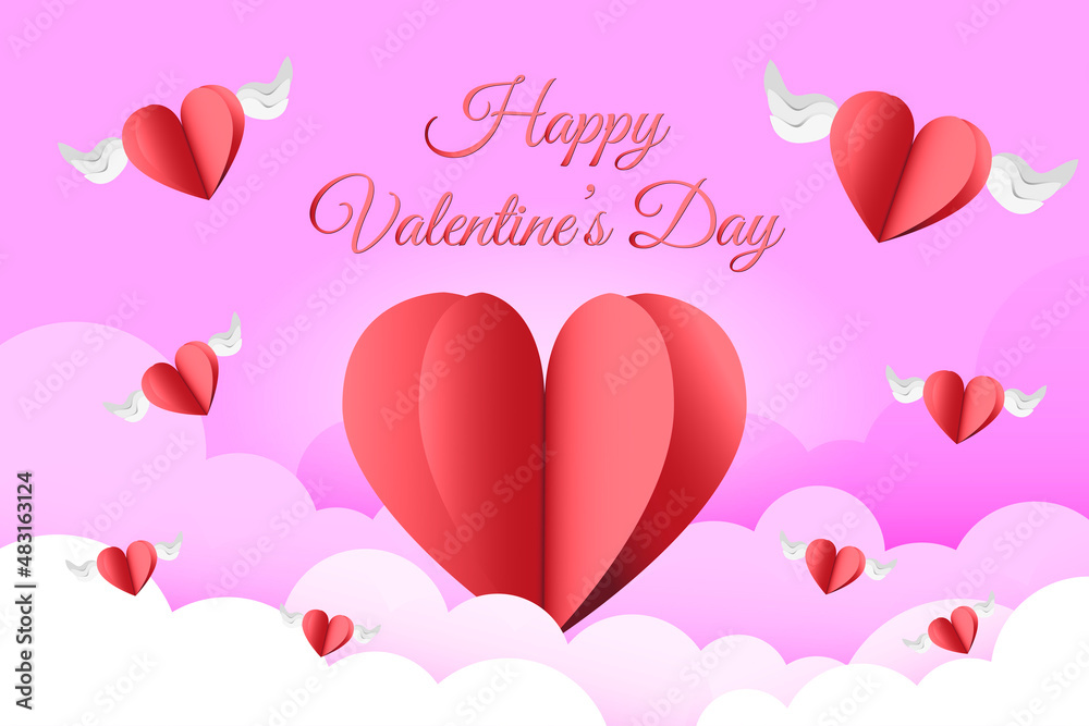 Elegant pink background of clouds and cut paper hearts with wings. Valentine's Day greeting card