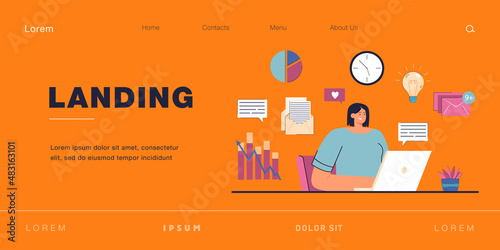 Young manager working online flat vector illustration. Female expert conducting distance content analysis of social networks, creating effective SMM strategy. Technology, freelance, workplace concept