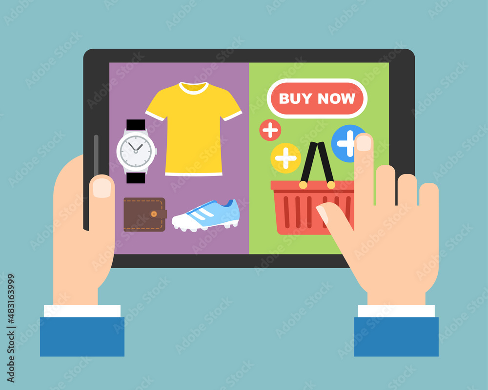 Online shopping e-commerce concept.
Using tablet for online shopping. Vector flat illustration.
Online shopping e-commerce concept.
Using tablet for online shopping. Vector flat illustration.