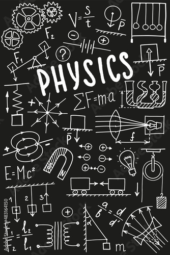 Phisics cover template. Science symbols icon set, subject doodle design. Education and study concept. Back to school sketchy background for notebook, not pad, sketchbook. Hand drawn illustration. photo