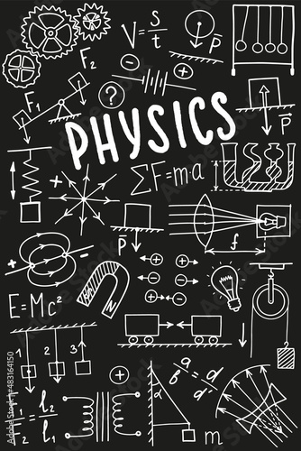 Phisics cover template. Science symbols icon set, subject doodle design. Education and study concept. Back to school sketchy background for notebook, not pad, sketchbook. Hand drawn illustration.