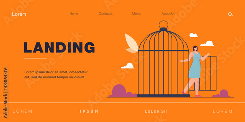 Young beautiful woman coming out of open birdcages door. Depressed person leaving jail in form of cage flat vector illustration. Freedom, violence, mental health, new opportunities concept