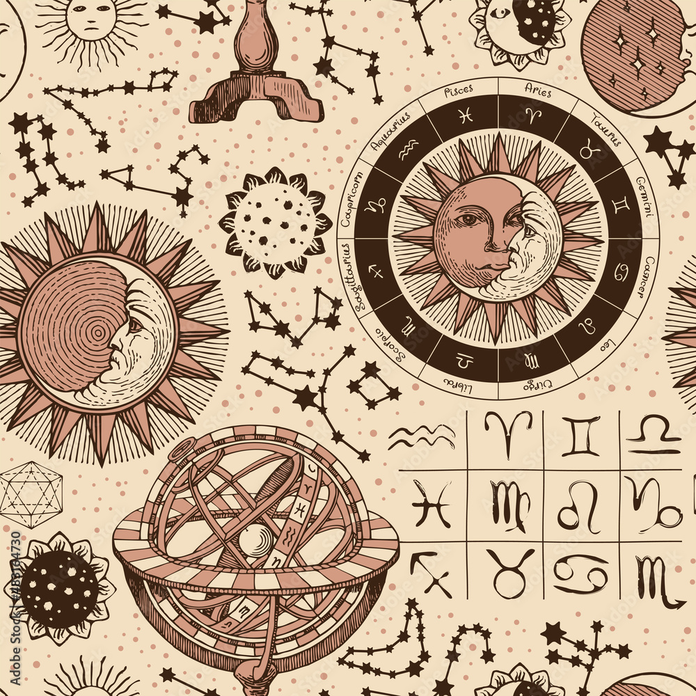 Seamless pattern on the theme of horoscopes and zodiacs in vintage style. Hand-drawn vector background with sun, moon, stars, constellations and astrological signs on an old paper backdrop - obrazy, fototapety, plakaty 