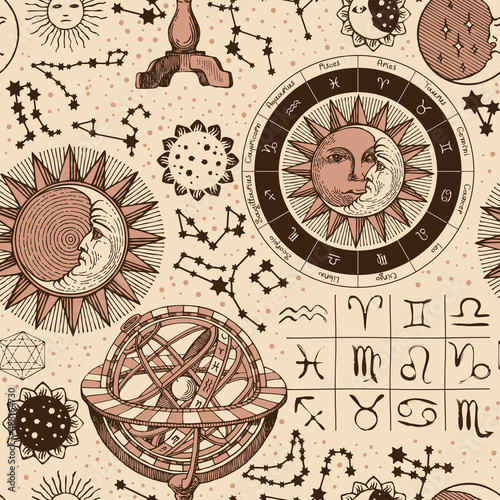 Seamless pattern on the theme of horoscopes and zodiacs in vintage style. Hand-drawn vector background with sun, moon, stars, constellations and astrological signs on an old paper backdrop