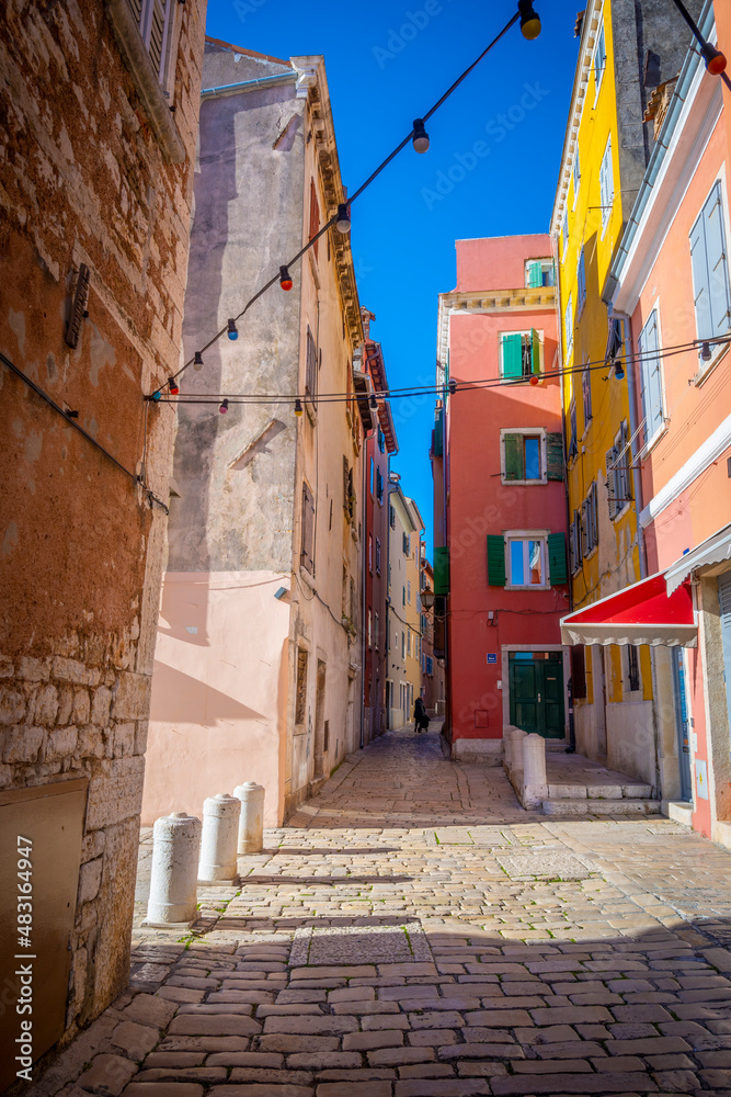 Amazing, narrow, colorful streets of Rovinj, popular tourist destination in croatian region of Istria