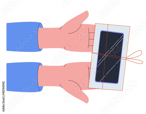 New phone in a gift box with a bow on the palms. Gift for the holiday. View from above. Isolated, on a white background. Flat vector.