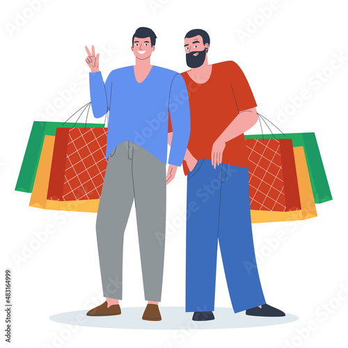 Men stand with purchases from shops. Big shopping, big shopping. A couple of lovers. Flat vector illustration