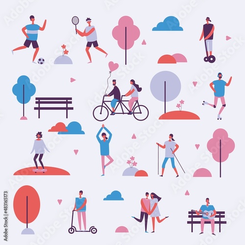 People in park icons collection, trees and benches lantern illuminating light, couples having fun walking, playing tennis vector illustration