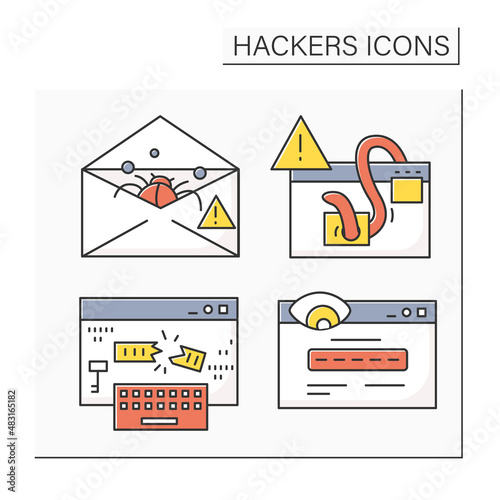 Hackers color icons set. Safe web browsing and cybersecurity. Email phishing, fake url, keylogger and mailware alert. Isolated vector illustration