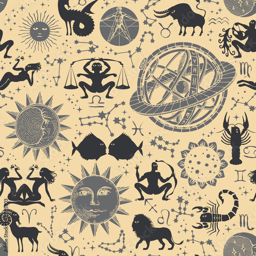 Seamless pattern with silhouettes of zodiac signs, horoscope symbols, sun, moon, stars, constellations and Ptolemaic Geocentric System on a beige backdrop. Abstract vector background in retro style