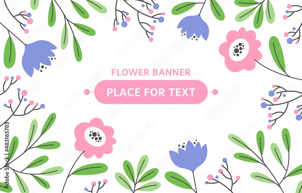 Floral banner with crocuses. Flat style template for greeting card, banner, invitation, wedding.