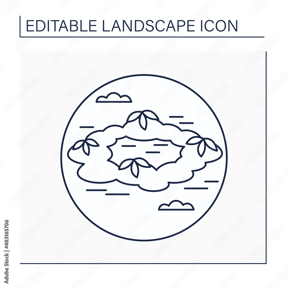 Naklejka premium Atoll line icon. Ring-shaped coral reef enclosing lagoon. Island or chain of islands with flora and fauna. Landscape concept.Isolated vector illustration. Editable stroke