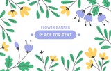 Floral banner with white background. Signboard with bluebells, chrysanthemums and foliage. Postcard template in flat style