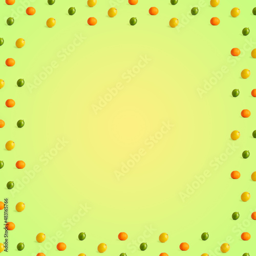 Pattern from lemon, lime and tangerine isolated on colorful background. In the center - free space for text