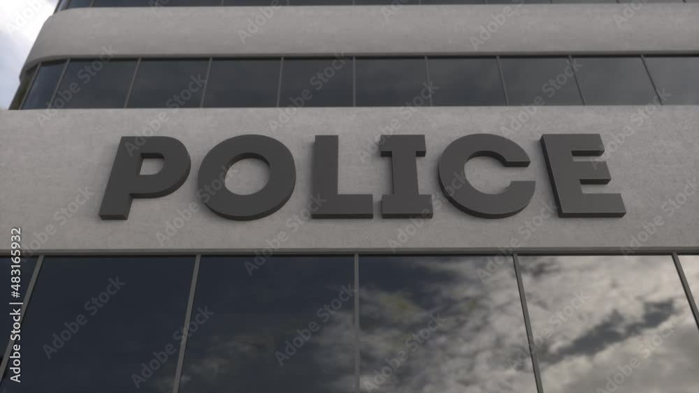 Police station sign establishing exterior building. Police building