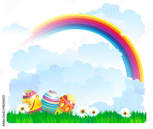 Easter holiday background with colorful Easter eggs, green grass, rainbow and white flower, vector design. Place for text.